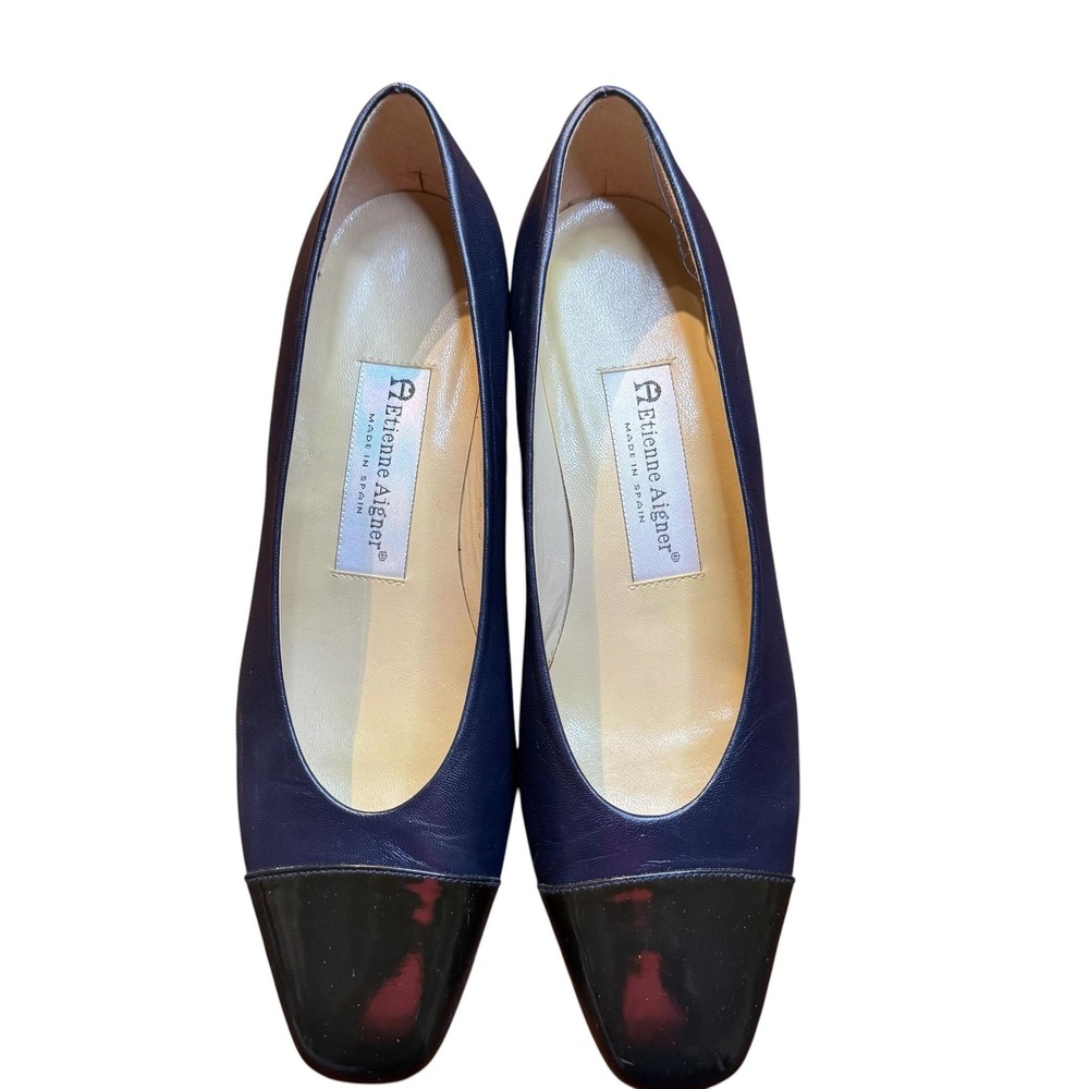 Etienne Aigner Time Shoes Womens Size 7 Blue Leather Cap Toe Block Heel Pumps
